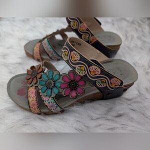 Spring Step L'artiste Floral Leather Wedge Sandals - Women's NWOT